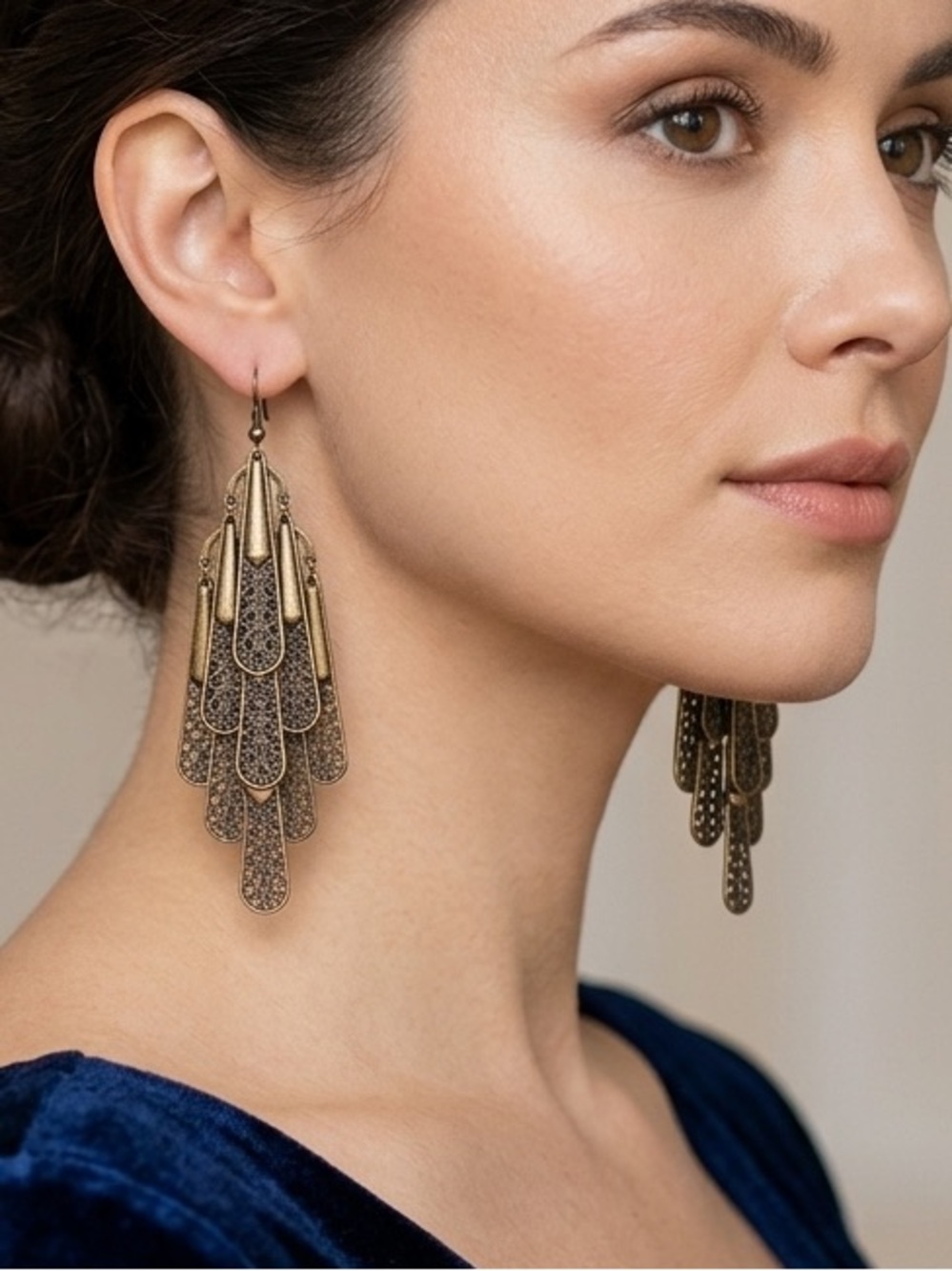 Vintage Art Deco Bronze Chandelier Earrings • Filigree Tiered Dangle Statement